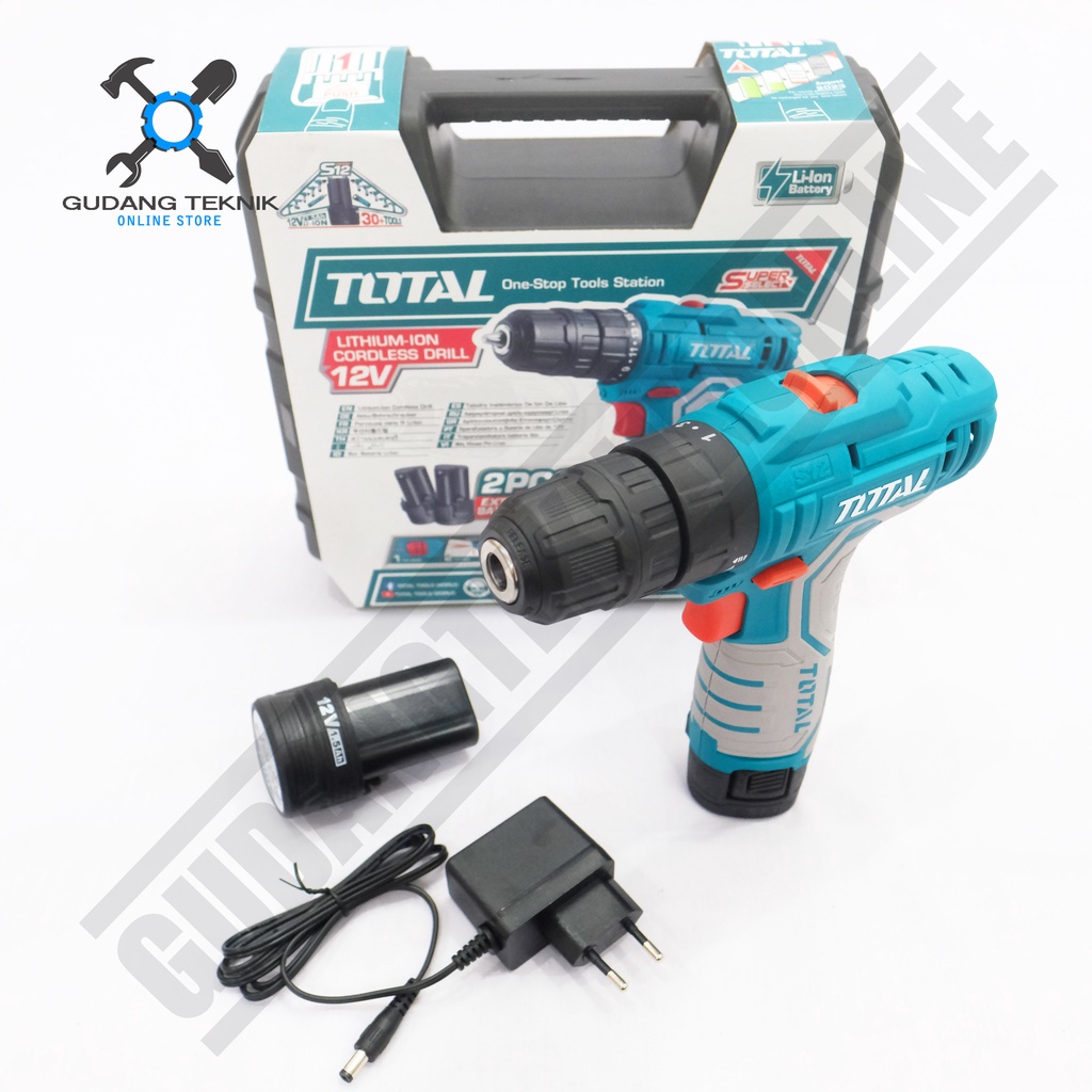 Mesin Bor Tangan Kayu Besi 10mm BATERAI 12V TDLI12325 TOTAL / CORDLESS Drill Bor 10mm Charger Variable Speed 12 Volt TDLI 12325 TOTAL