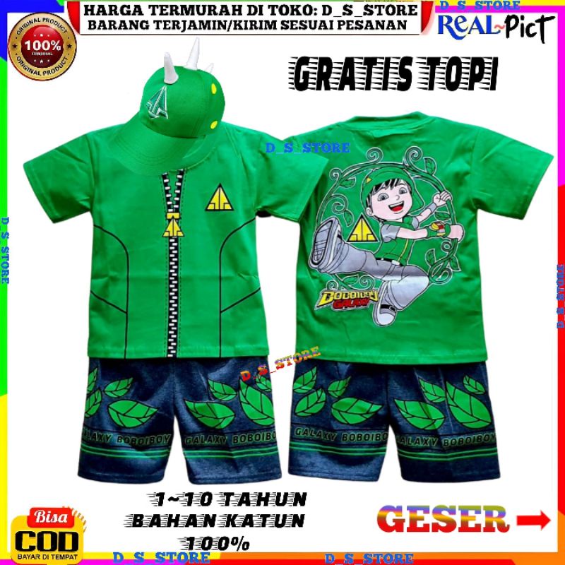 BAJU SETELAN BOBOIBOY DAUN ANAK LAKI LAKI/KOSTUM BOBOIBOY DAUN GRATIS TOPI  LENGKAP