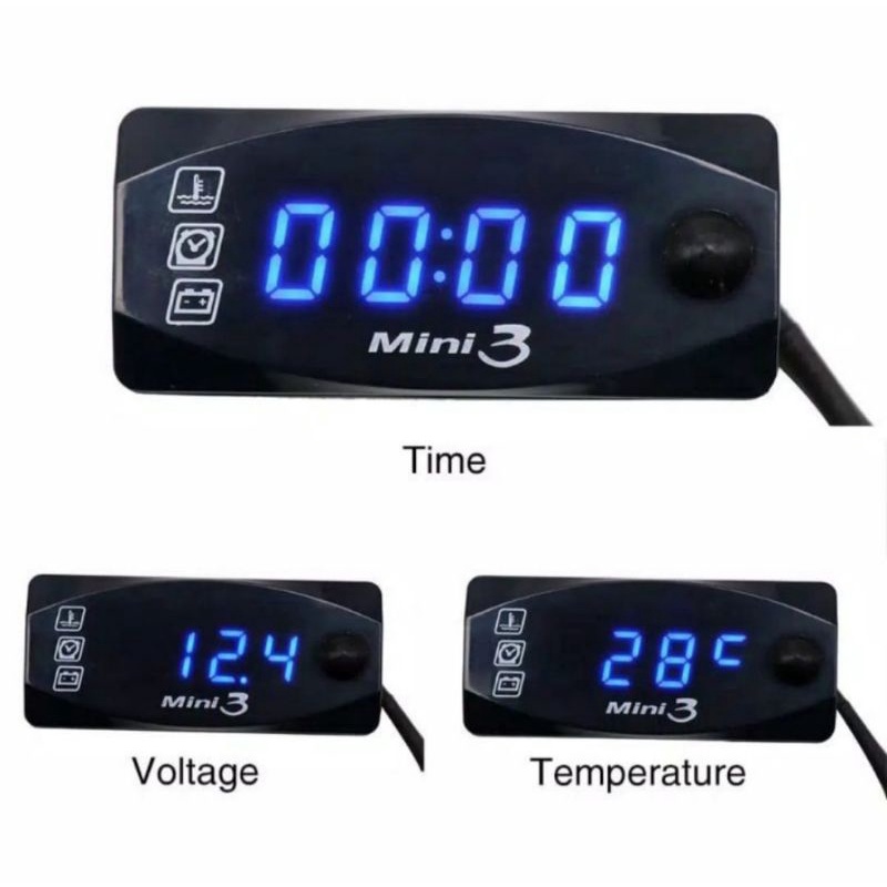 VOLTMETER AKI MOTOR MINI 3 IN 1 PLUS SUHU UDARA DAN JAM DIGITAL DI MOTOR