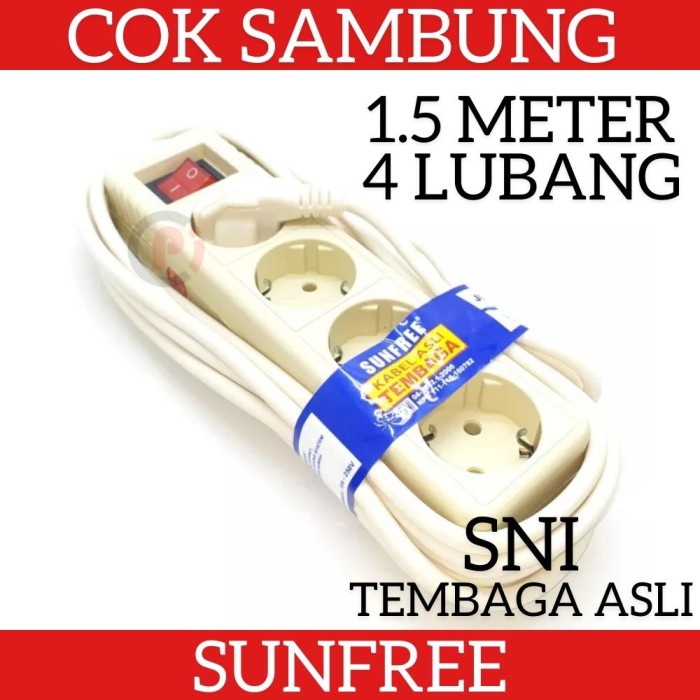 SUNFREE Cok Sambung Stop Kontak + Saklar 4 Lubang dan Kabel 1.5 Meter