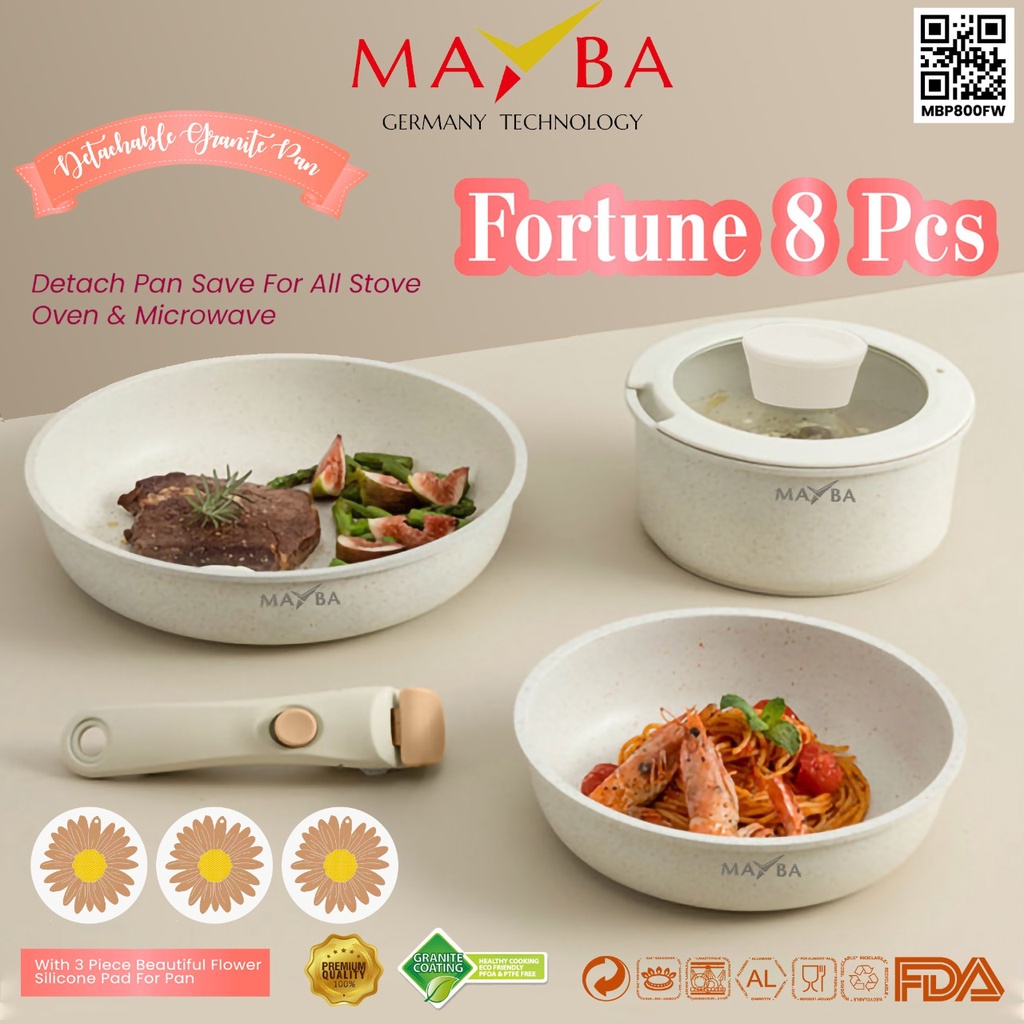 PANCI FORTUNE 8 PCS Granite Anti lengket kualitas tertinggi Mayba Jerman dengan gagang bisa dilepas - Wajan saji / bisa masuk oven &amp; microwave