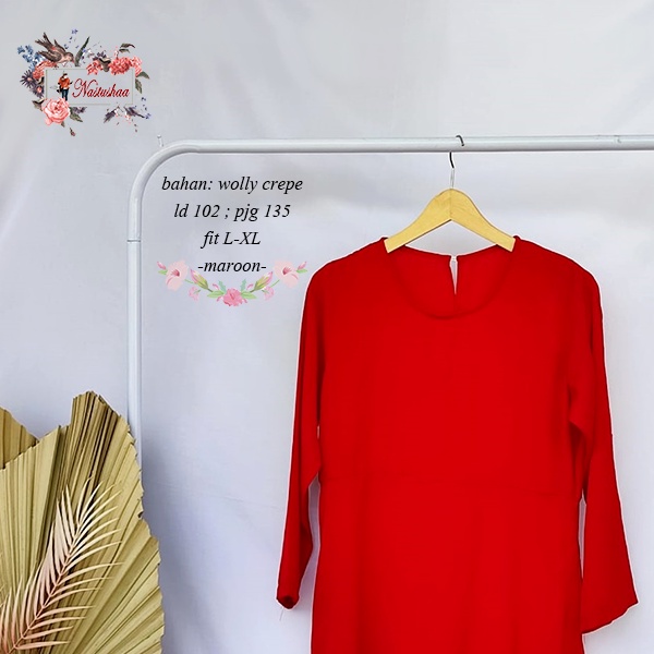 Baju Long Tunik Wanita Muslim Remaja Terbaru Kekinian Polos Model Belah Depan Pita Warna Maroon Bahan Wolly Crepe