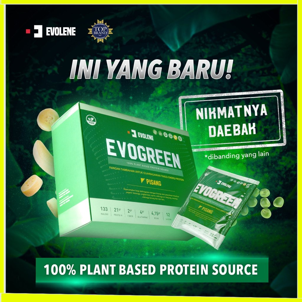 EVOLENE EVOGREEN 1 Sachet 1 Serving Vegan Protein Plant Based Supplement Suplemen Fitness BPOM HALAL EVO GREEN EVOGREN EVOLINE EVOLEN EVOLINE EVOLEN PISANG COKLAT SURABAYA