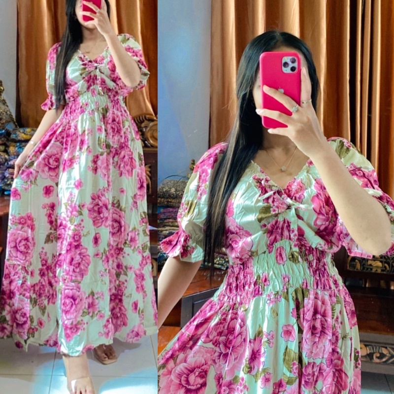 Dress bali Sabrina / Daster bali serut lengan sesiku trompet rok panjang / Busui kerut didada LD 120