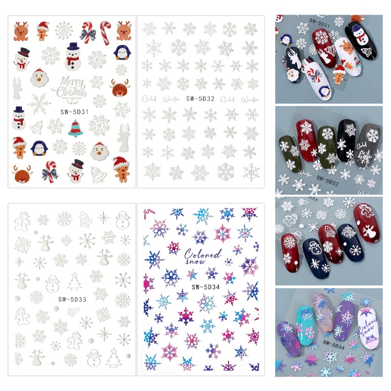 Stiker Kuku Desain Kartun Snowman Pohon Natal Snowflakes 5D Warna-Warni