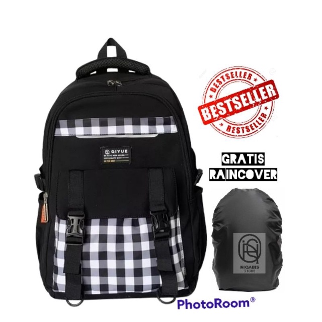 Tas ransel anak sekolah SD motif catur gratis raincover