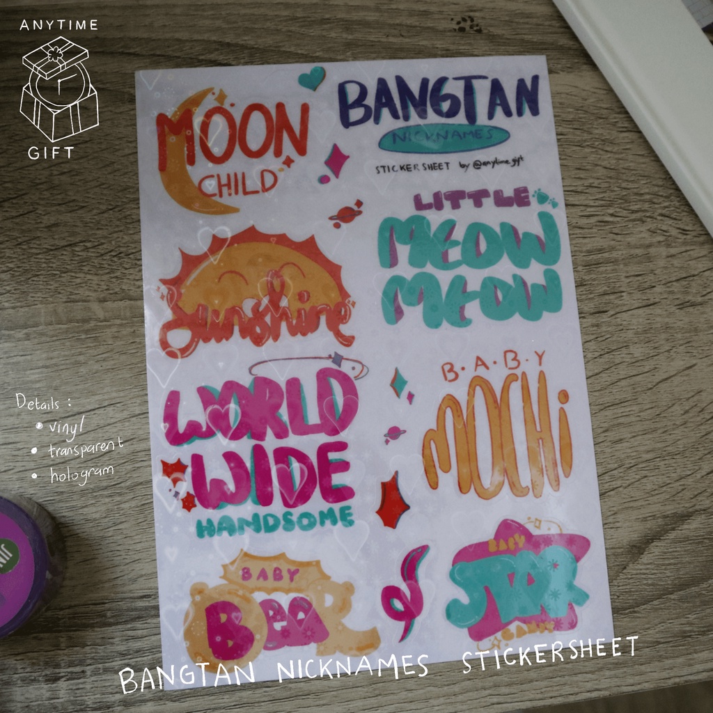 

Bangtan (BTS) Nicknames Sticker Sheet - AnytimeGift