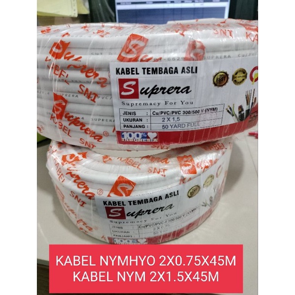 kabel nym 2 x 1.5mm 45m isi tunggal 2 x 0.75 x 45m isi serabut