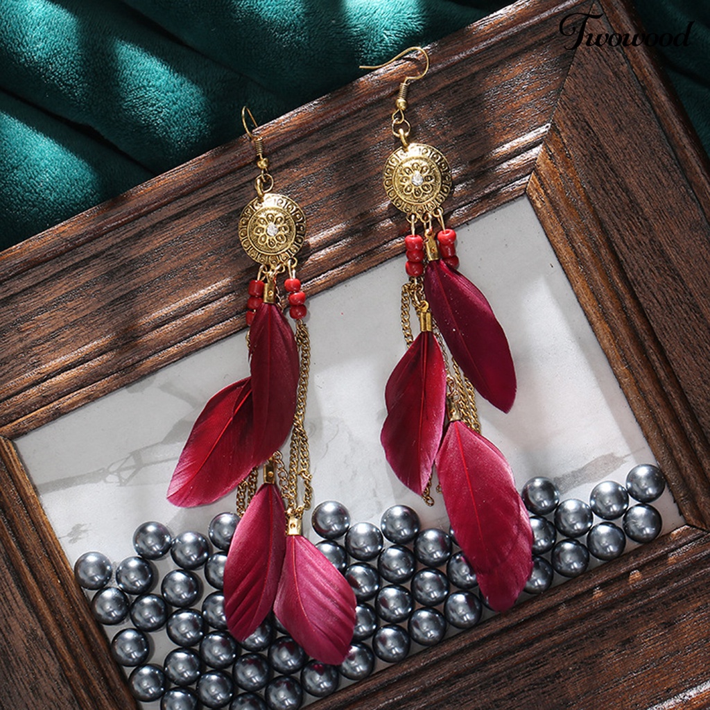 1 Pasang Anting Rantai Panjang Rumbai Bulu Electroplating Gaya Bohemian Etnik Vintage Untuk Wanita