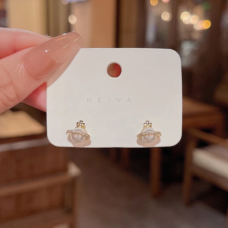 Anting Stud Desain Planet Aksen Mutiara Bahan 925 Silver Needle Zirkon