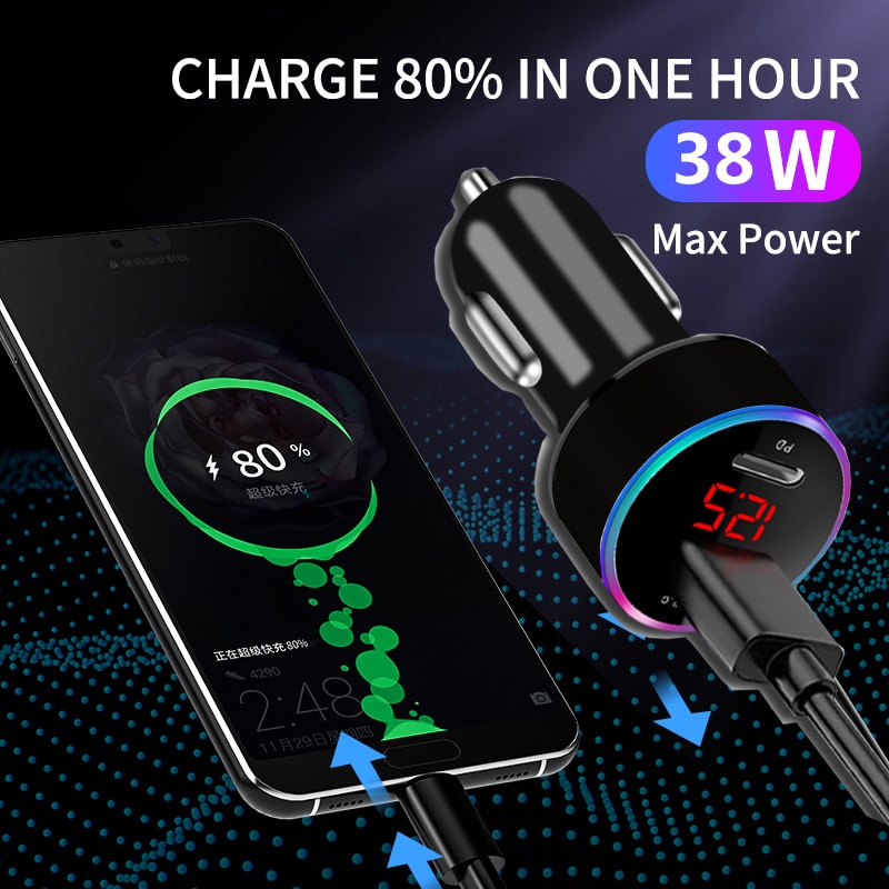 TRIPLEDI Car Charger HP QC 3.0 3.1A 2 Port USB Type C iPhone PD Fast Charging Mobil Samsung 38W Max LED Digital Display Pengisi Daya Mobil iPad Handphone Cas Adapter Ponsel IOS Casan Tablet Android-3