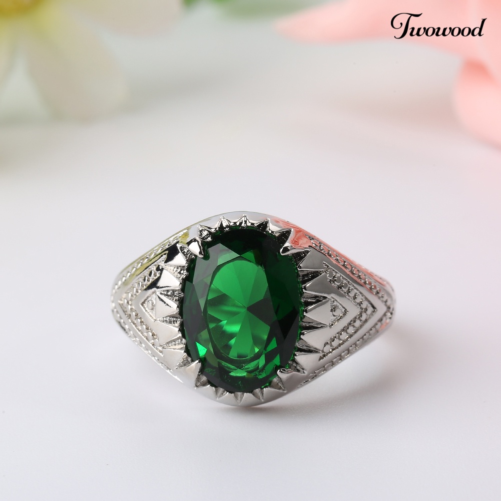 Cincin Jari Bentuk Oval Emerald Hijau Bahan Alloy Untuk Pria