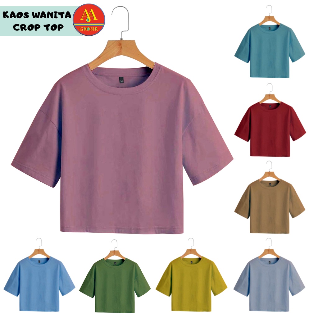 Basic Kaos Crop Top Wanita Dewasa Polos Lengan Pendek Cotton