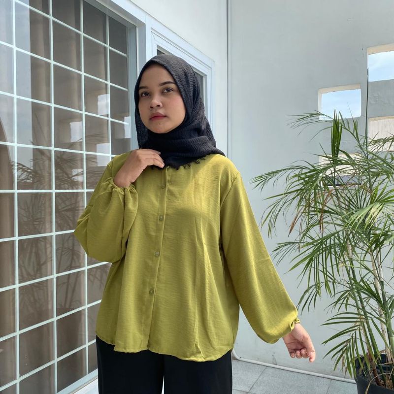 Blouse Balon Kemeja Crinkle katun atasan wanita termurah lengan panjang