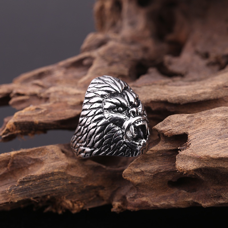 Cincin Desain Kepala Gorilla Bahan alloy Gaya vintage Eropa Amerika Untuk Pria