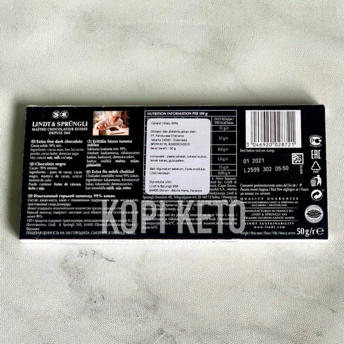 Jual Lindt Dark Chocolate 99 Coklat Keto, Healthy, Diabet, No Sugar