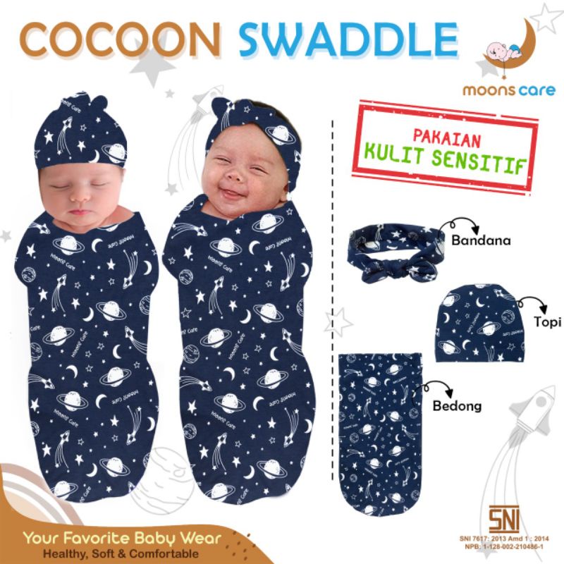 SNI [Perlengkapanbayimurah] Bedong Cocoon MOTIF Dita Moons Care Swaddle 1 lapis motif Bonus Bandana topi