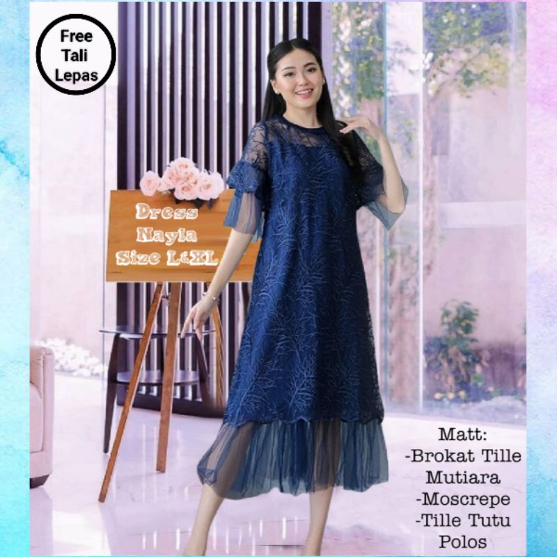 Dress Pesta Wanita Midi Terbaru Elegan/Dress Nayla Size L dan XL Matt Brokat Tille Mutiara Mix Moscrepe dan Tille Dot/Dress Pesta dan Natal Remaja Kekinian Viral/Good Quality