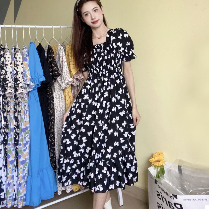 A-line Dress wanita lengan pendek panas floral boho midi gaun