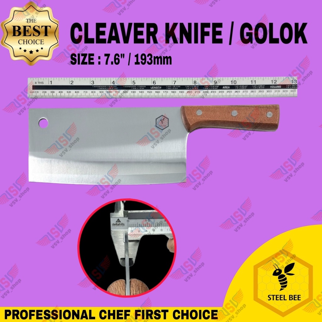 Steel Bee Pisau Dapur Pisau Daging Gagang Kayu Premium Cleaver 7.6&quot; Tahan Karat