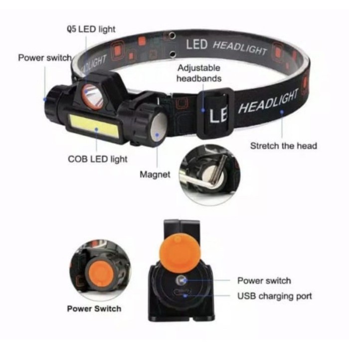 Senter Kepala Mini 2 Led 24W + 10W / Headlamp USB Chargeable / Senter - Senter kepala