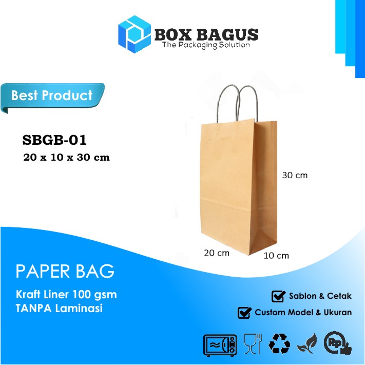 SHOPPING BAG 20x10x30 KRAFT 100 GSM - GOODIE GIFT PAPER KANTONG KERTAS TAS SOUVENIR BOX KUE