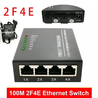2F4E Media Converter Fiber Ethernet Switch Optik Single Mode Fiber Switch Fiber Transceiver 10/100Mbps 2 SC 4 RJ45  5V-12V Dengan Adapter