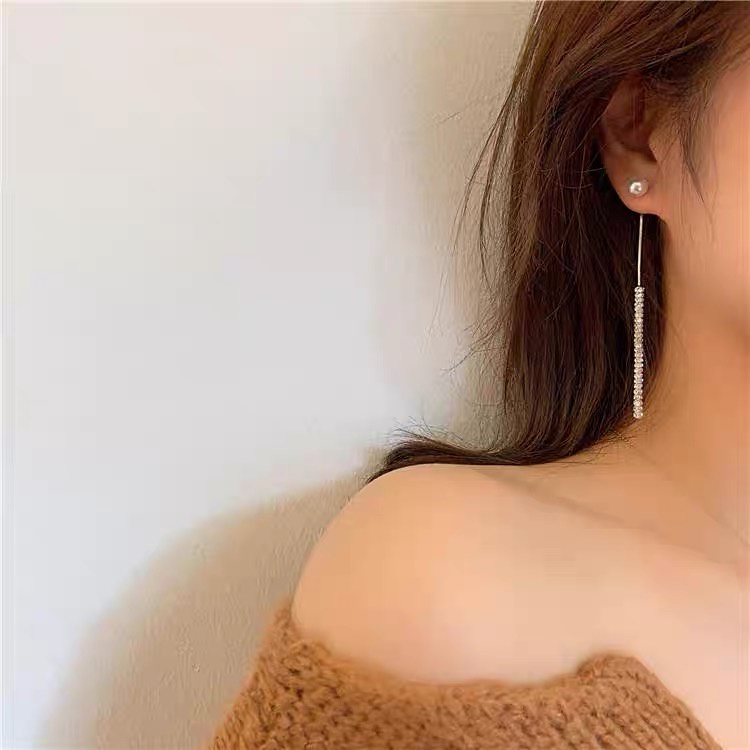 Anting Panjang Bahan 925 Silver Needle Aksen Mutiara Berlian Gaya Korea Untuk Wanita