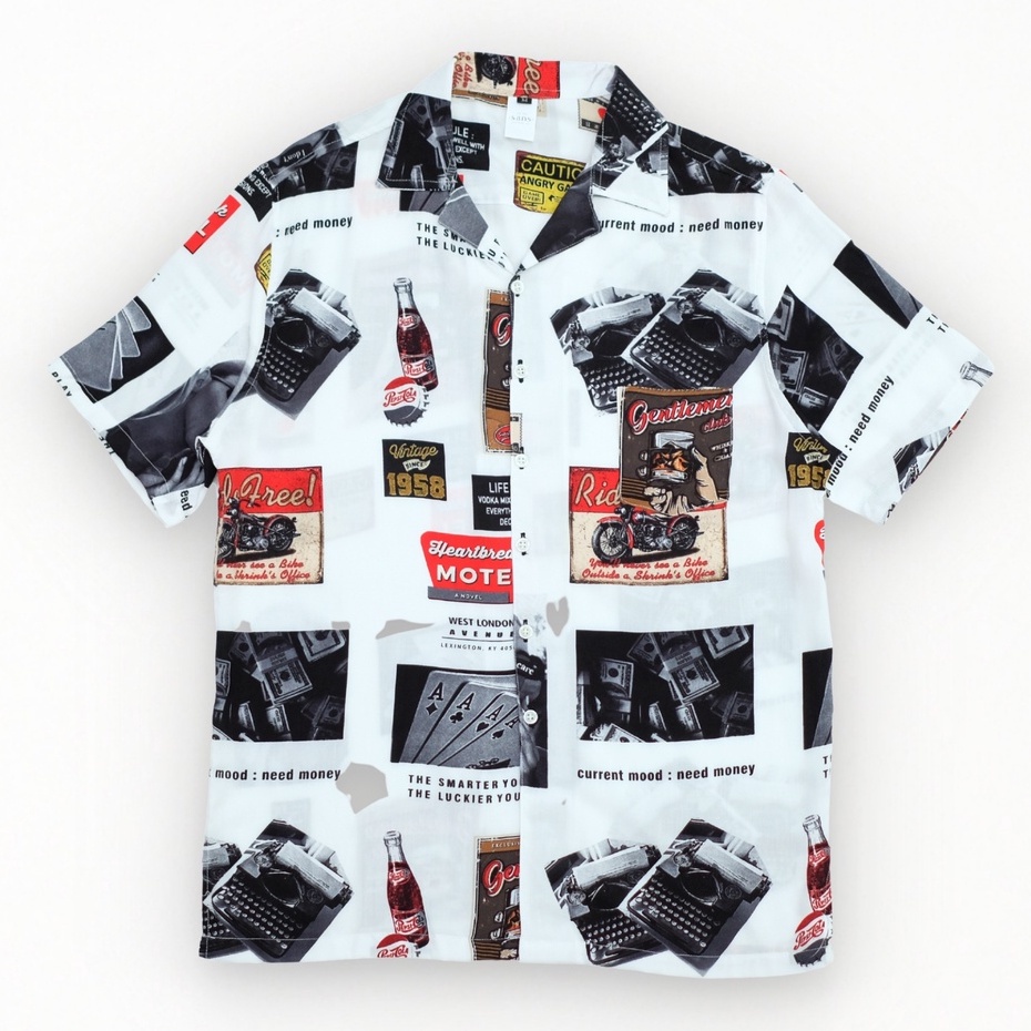 SANVANINA Kemeja Hawaiian Pantai Printing - Vintage White Casual Shirt E-2043