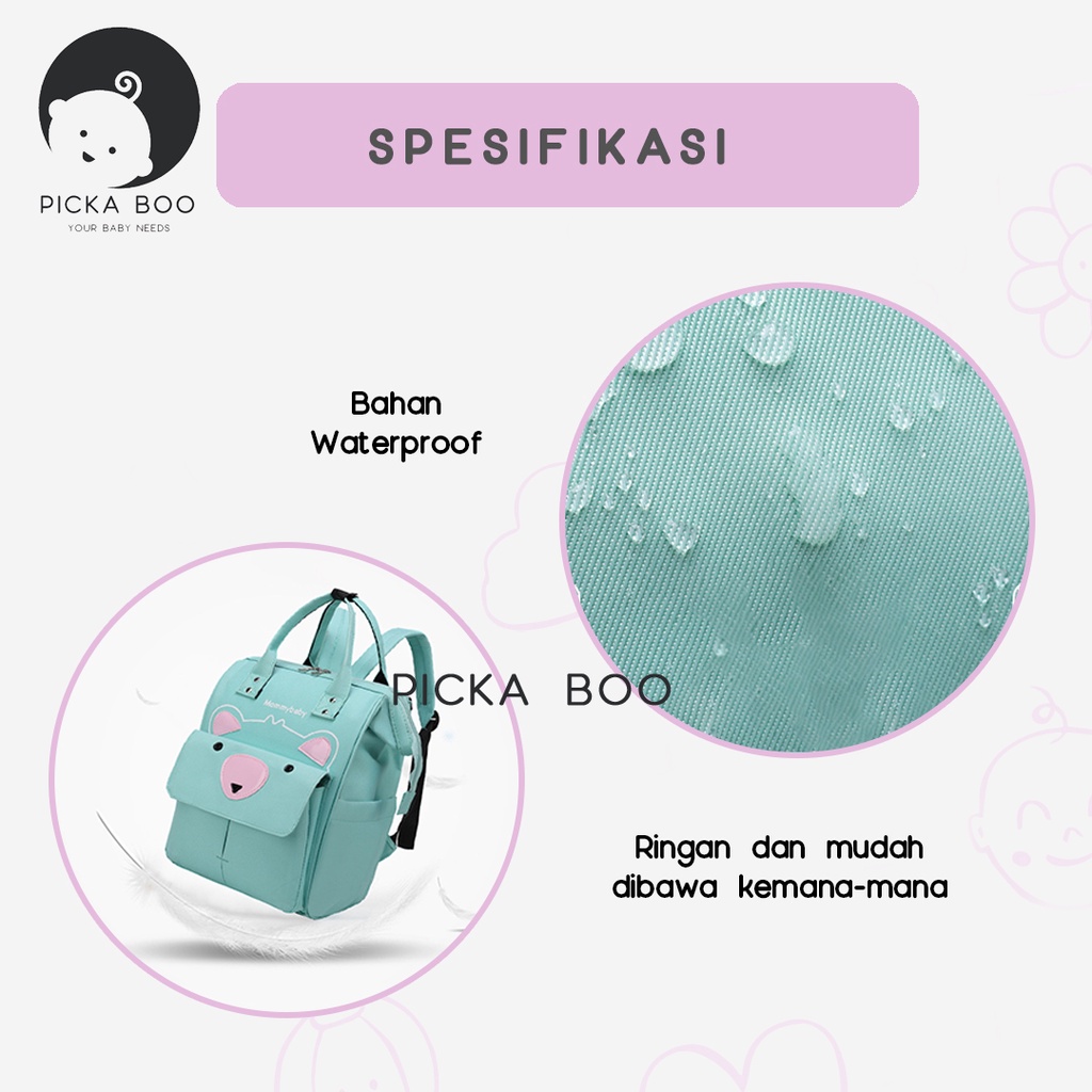 PICKA BOO Tas Ransel Bayi Diaper Bag Baby Tas Anak Sekolah Multifungsi Motif Bear