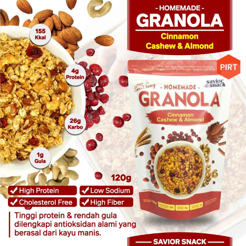 GRANOLA CRUNCHY CINNAMON CASHEW ALMOND 120g - CEMILAN MAKANAN SEHAT SARAPAN BERGIZI TINGGI NUTRISI BAHAN ORGANIK ALAMI TANPA PENGAWET - HIGH QUALITY - SAVIOR SNACK - GRANOLA SWEET HONEY