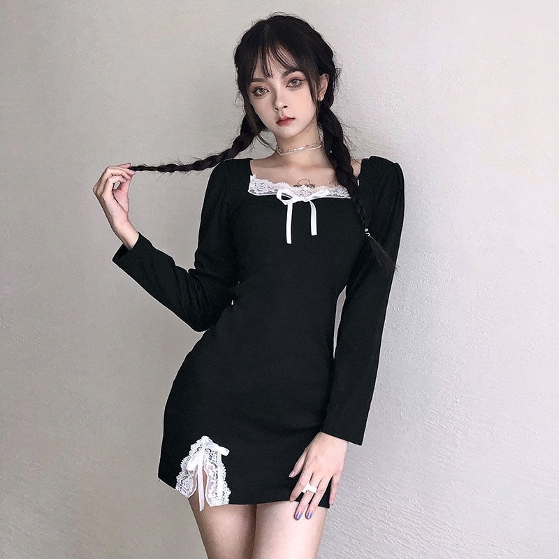 Red Perancis gadis renda gaun wanita splicing kerah persegi celah rok lengan panjang pinggul rok rok bottoming gaun hitam kecil