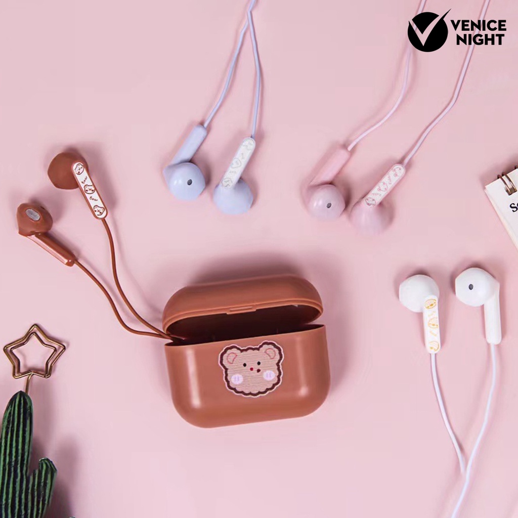 (VNEP) (Berkabel) Earbud High Fidelity Sensitif Univeral Kartun Lucu 3.5mm In-ear Earbud dengan Tempat Penyimpanan untuk Merekam Lagu