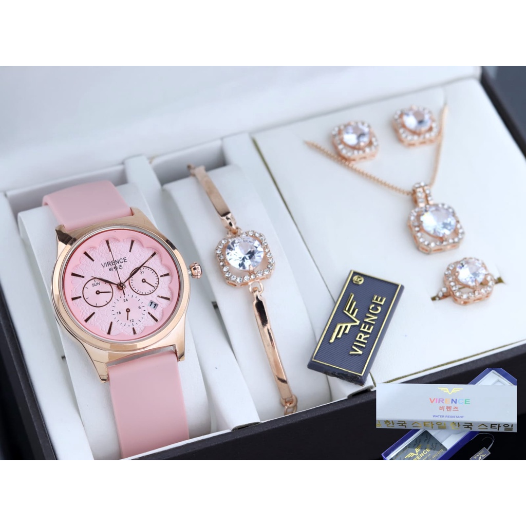 Jam tangan Wanita Strap Karet VIRENCE Tanggal Aktif Chrono Variasi Original Garansi Dan Water Resistance