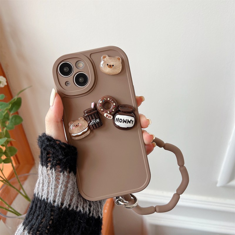 Soft Case Matte Motif Beruang Cokelat Dengan Gelang Tali Untuk IPhone 6 6S 7 8 Plus X XR XS Max 11 12 13 14 Pro Max 14 Plus