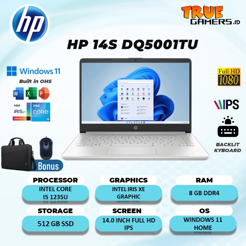 LAPTOP HP 14S I5 1235U  RAM  8GB 512SSD IRISXE WIN 11 FREE OHS 14 INCH  GARANSI RESMI