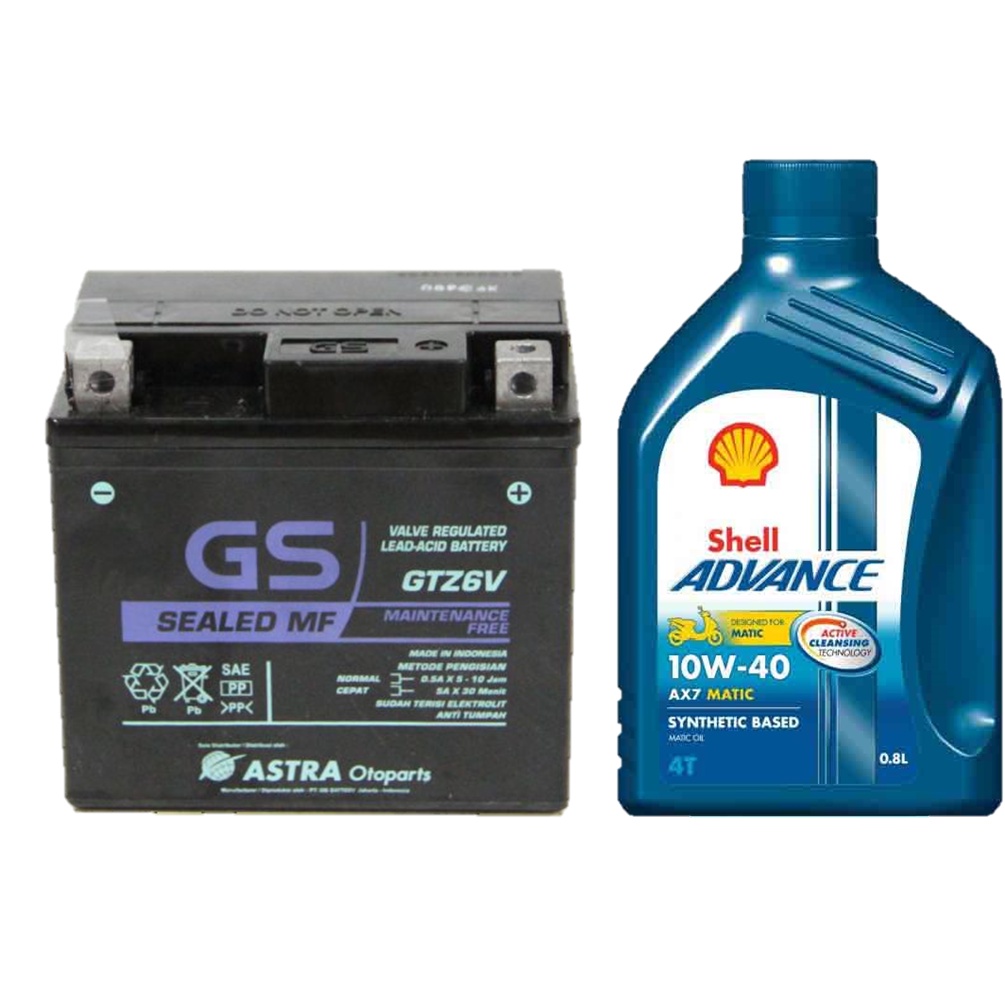 Jual Paket Aki GS GSMF-GTZ-6V dan Oli Shell Advance AX7 SC 10W40 0.8L