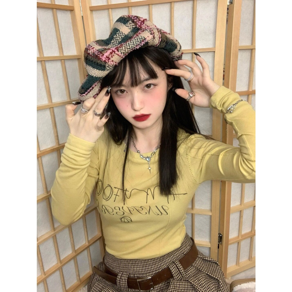 Red American lemon kuning lengan panjang t-shirt wanita rasa desain budidaya diri dan pelangsing musim gugur dan musim dingin bottoming babes keinginan murni top in