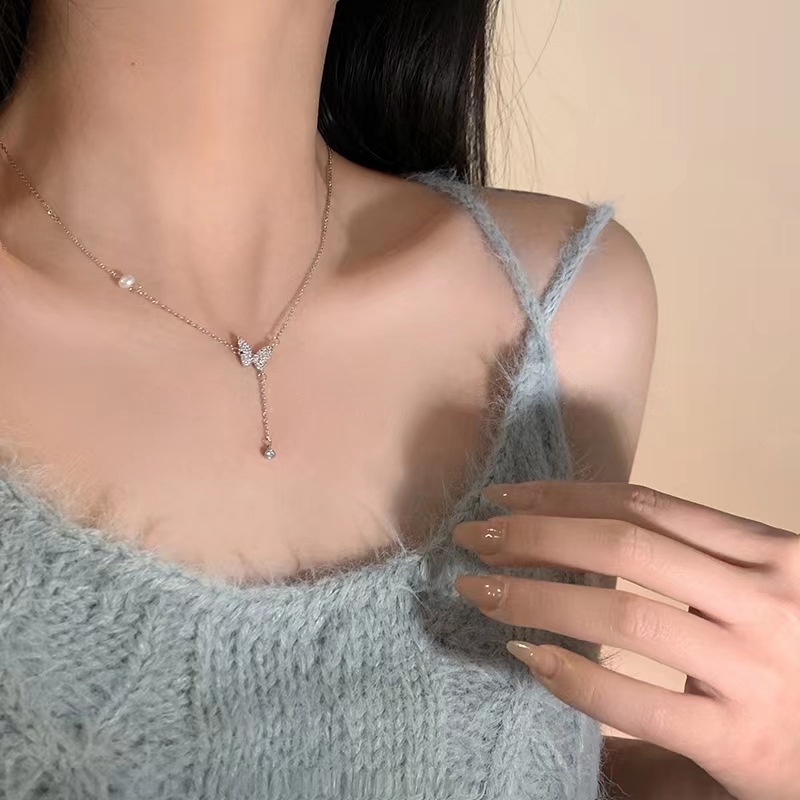 Kalung Choker Rantai Klavikula Hias Liontin Pita Rumbai Panjang Bahan Titanium steel Untuk Wanita