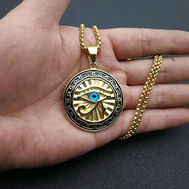 Kalung Liontin Mata Biru Horus Lapis Silver Gaya Vintage Hip Hop Untuk Pria