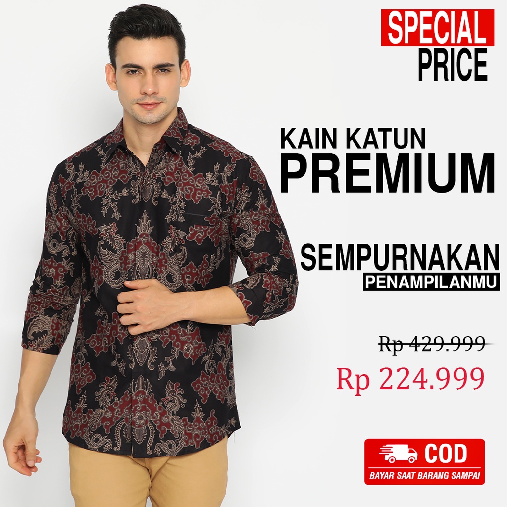 BATIK PRIA LENGAN PANJANG Kemeja Hem Slimfit Premium Motf Elegant Warna Hitam Merah 723742 Cap 72 - Baju Kemeja Atasan Pakaian Setelan Batik Pria Cowok Laki Laki Remaja Keluarga Kantor Lengan Panjang Modern Slimfit Slim Fit Premium Kekinian