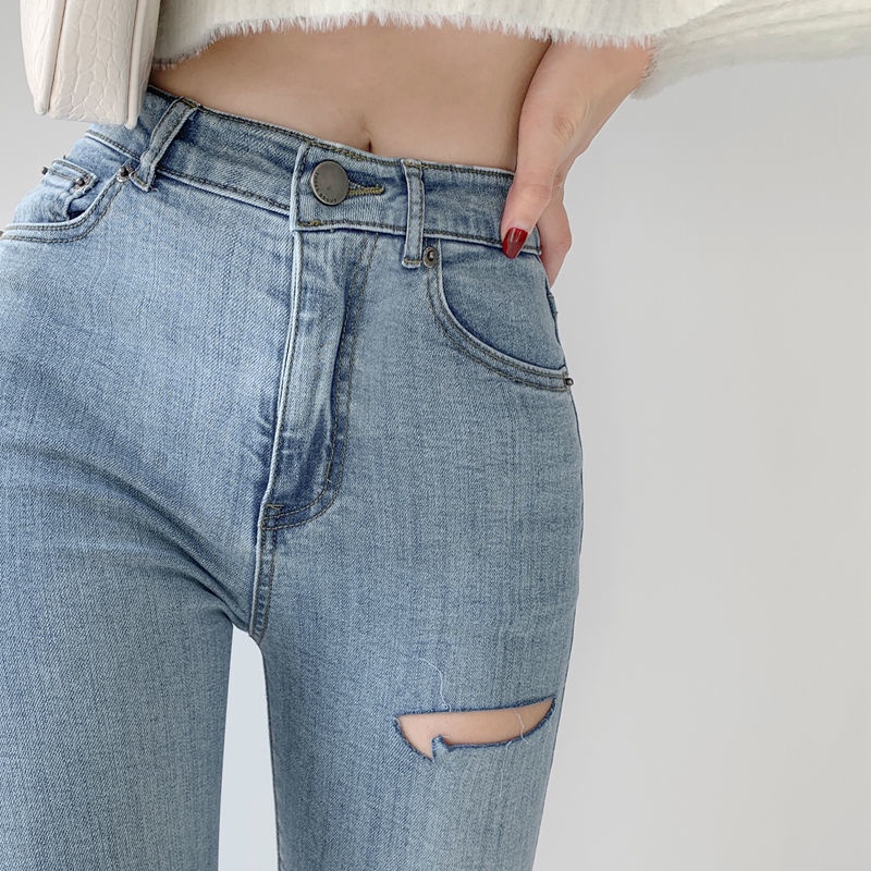 Suhao Ripped Jeans Wanita High Waist Slimming All-Match Tas Hip Slim-Fit Celana Pensil 2022 Musim Panas Baru Kurus celana Pensil