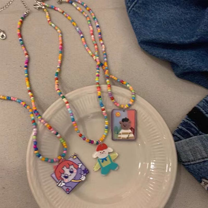 Kalung Manik-Manik Handmade Dengan Liontin Kartun Beruang Kecil Warna-Warni Untuk Wanita