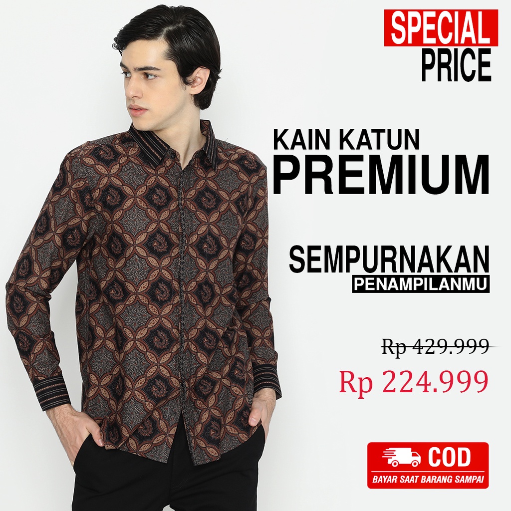 BATIK PRIA LENGAN PANJANG Kemeja Slimfit Slim Fit Premium Warna Hitam Coklat 721714 Cap 72 - Baju Kemeja Atasan Pakaian Setelan Batik Pria Cowok Laki Laki Remaja Keluarga Kantor Lengan Panjang Modern Slimfit Slim Fit Premium Kekinian