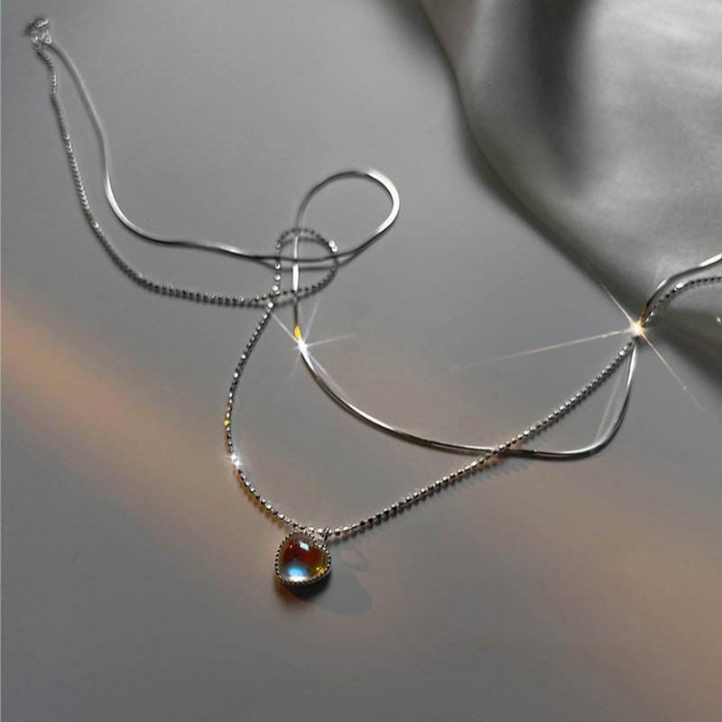 We Flower Korea Double Layered Glossy Moonstone Heart Pendant Necklace Untuk Wanita Gadis Elegan Perak Tipis Rantai Kalung Engagment Pesta Perhiasan Hadiah