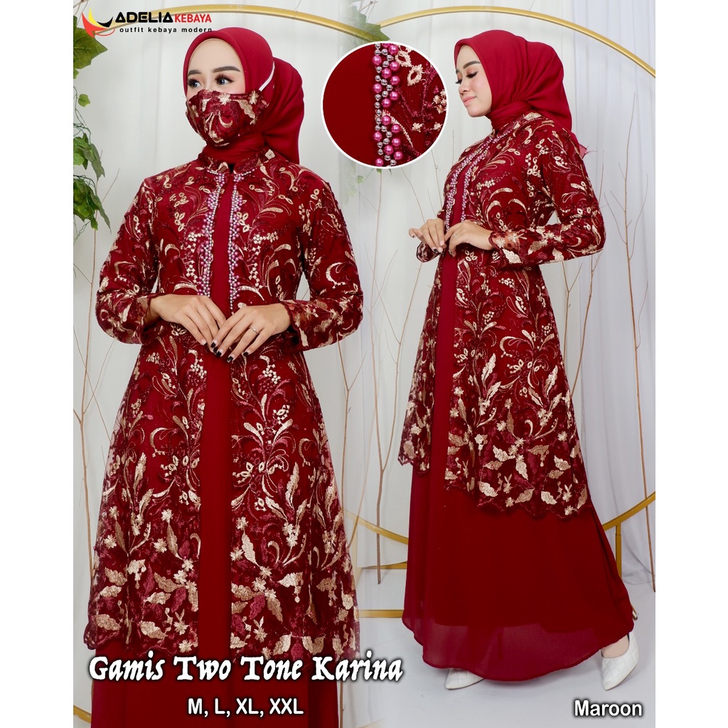 ( COD ) Gamis twotone karina payet - gamis kekinian - motif bunga elegan - bahan tulle bordir kombinasi dua warna - baju pesta, kondangan, nikahan, pakaian akad