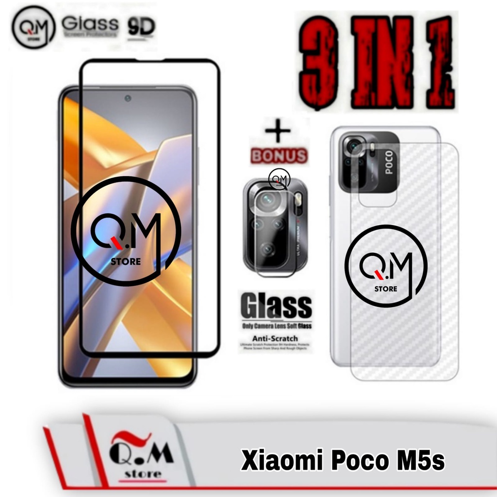 Paket 3 in1 Tempered Glass Layar Xiaomi Poco M5s Anti Gores Pelindung Layar Full 9D FREE Camera Plus Garskin