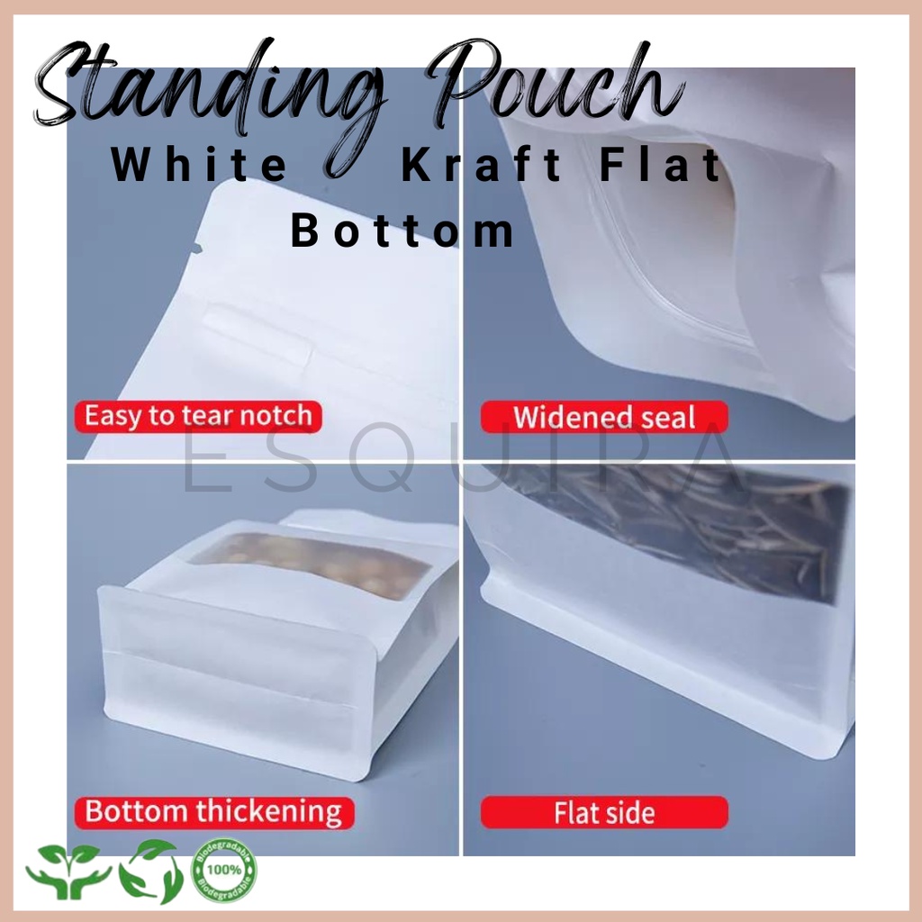Eco Pack White Kraft Flat Bottom Standing Pouch Matte Window 10 PCS