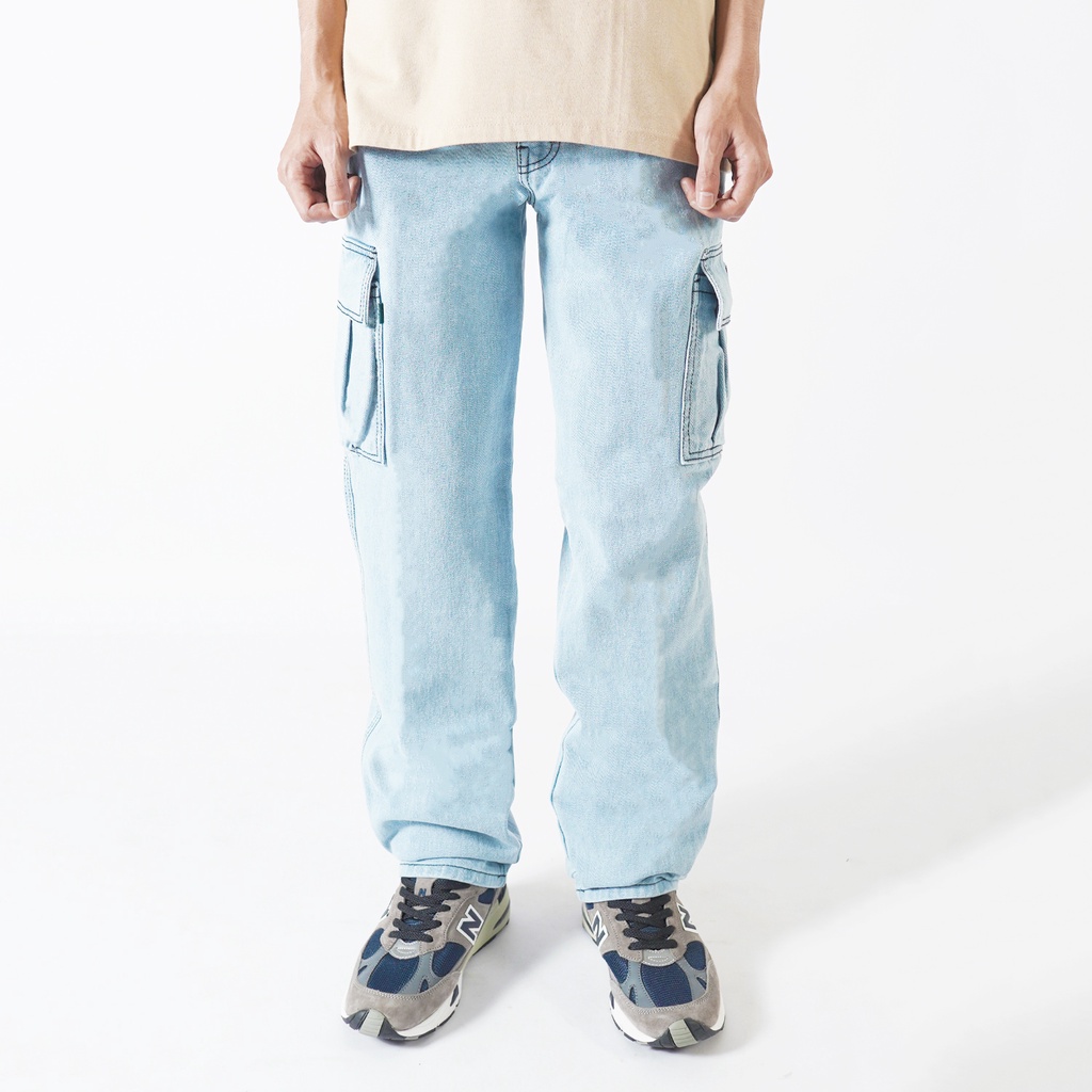 Pluviophile - Long Cargo pants jeans Celana cargo jeans loose fit  Reguler Standard washed