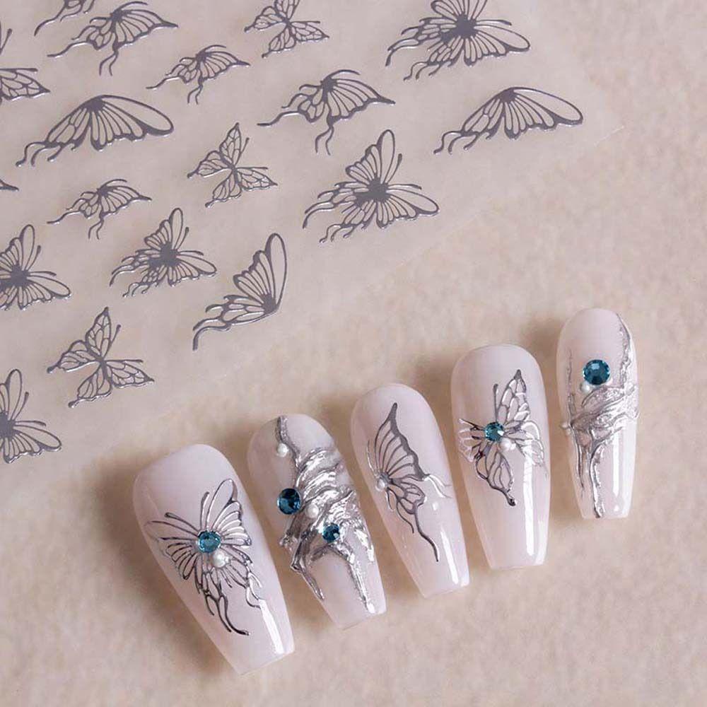 AUGUSTINA Agustina Butterfly Stiker Kuku Tangan Dicat Kupu-Kupu Korea Perekat Diri Hitam Putih Berongga Butterfly Nail Art Dekorasi